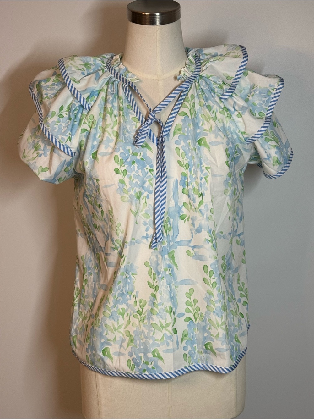 Blue Floral Ruffle Tie-Neck Blouse